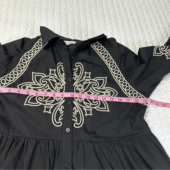 Elegant Button Down Black and Cream Embroidered Long Puff Sleeve Mini Dress - Picture 6 of 16